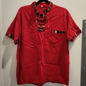 Guatemalan Boho Lace-Up Top Red Woven Trim Artisan Festival Shirt